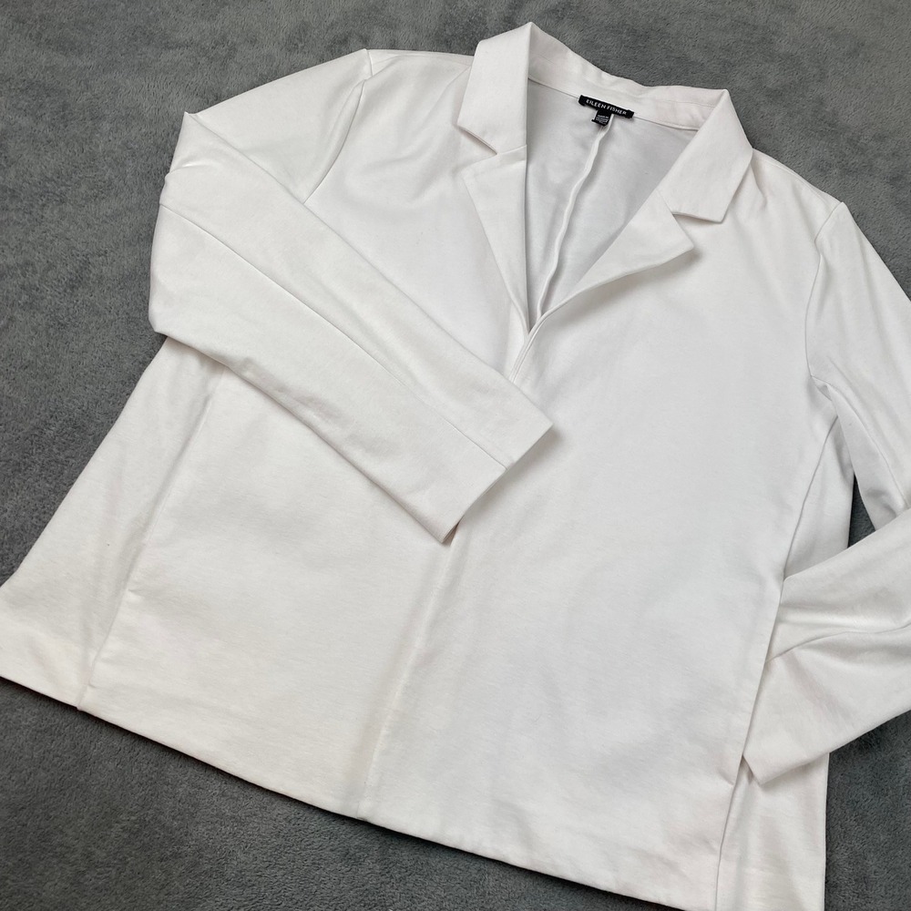 Eileen Fisher Womens Medium Blazer White Organic Cotton Stretch Notched Lapel